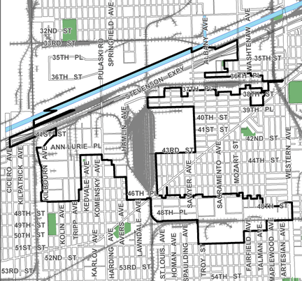 Stevenson/Brighton TIF district, roughly bounded on the north by the Sanitary and Ship Canal at 33rd Street, 51st Street on the south, Western Avenue on the east, and Cicero Avenue on the west.
